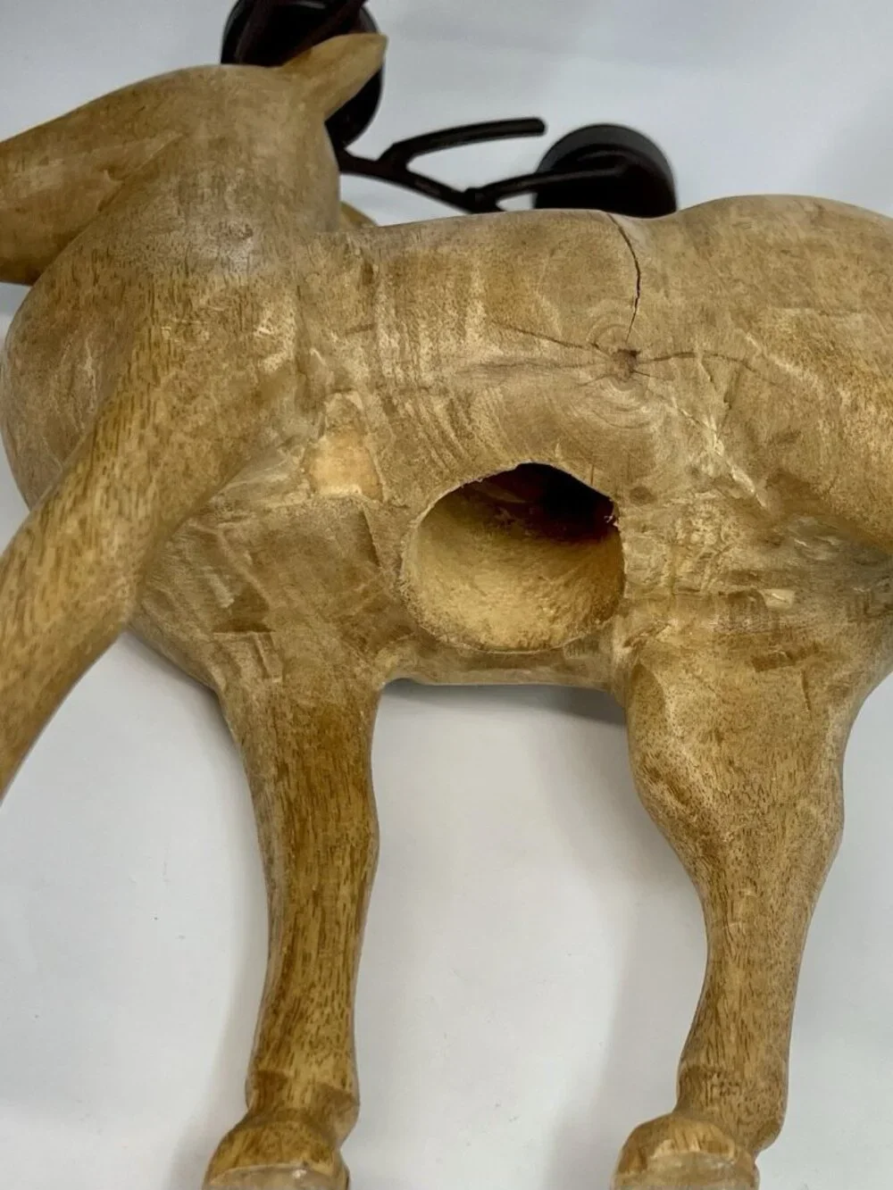 Rustic Carved Wood Reindeer Metal Antlers 3 Tealight Candle Holder Holiday